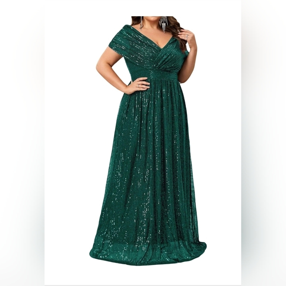 Green Off The Shoulder V Neck Sequin Gown Cocktail Barbicore Fairy Flare Party